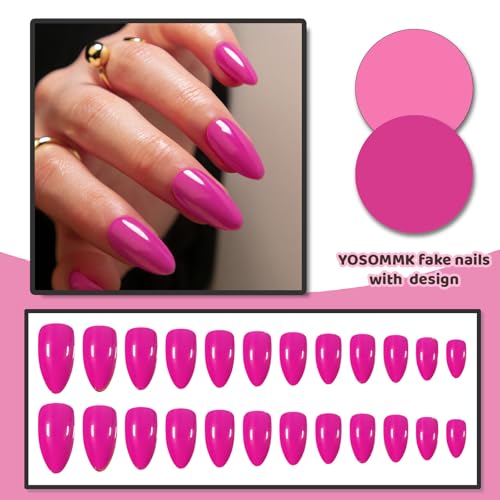 Hot Pink Acrylic Press on Nails Almond Shaped Medium Fake Nails - color: 15-Hot Pink