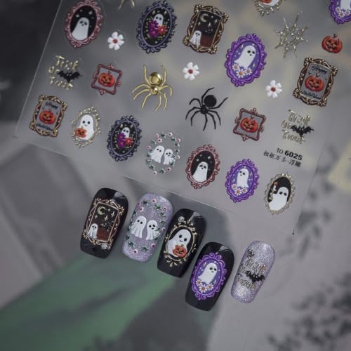 1 Sheet Halloween Nail Stickers 5D Self-Adhesive Embossed Ghost Nail Decals Vintage Ornate Frame Gilded Ghost Nail Designs Halloween Spider Floral Nail Supplies for Women DIY Manicure Decoration - color: Mirror Ghost