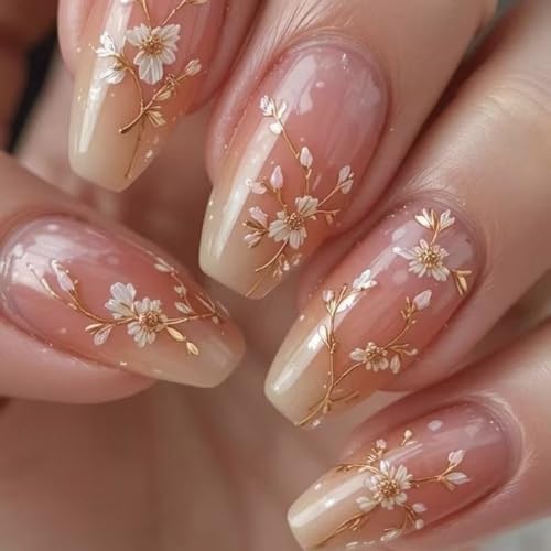 Long Coffin Press on Nail Flower Fake Nails Pink Nude Gradient Press ones with Gold Foil designs Acrylic Stick on Nail Glossy Full Cover Spring Summer Glue on Nails for Women Nail Supplies24pcs - color: style34