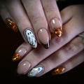 Halloween Press On Nails, Almond Ghost Gold Foil Design, Nude Brown - color: style 10