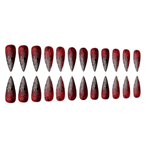 Halloween Press on Nails Red Black Gradient False Nail Medium Almond Fake Nails Designs Halloween Goth Acrylic False Nails Full Cover Reusable Stick on Nail for Women DIY Manicuare 24 Pcs - color: Halloween Style 017