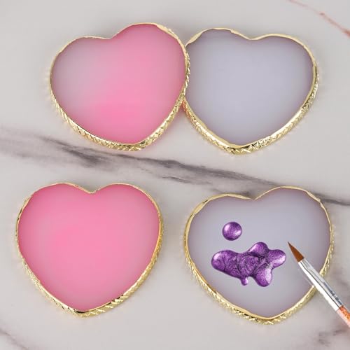 4 Pack Nail Art Palette, Resin Polish Color Design Makeup Mixing Plate, Heart Shape Mini Paint Palette for Nails - White, Pink