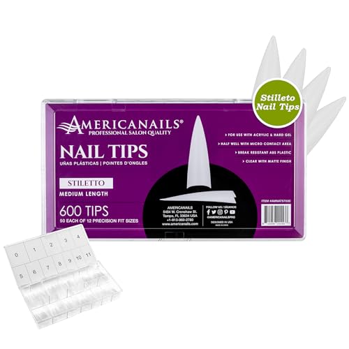 Americanails Nail Tips - Stiletto 600ct– Ideal for Acrylic and Hard Gel, Break Resistant ABS Plastic, Clear Matte Finish, Half Well with Micro Contact Area - color: Stiletto, size: 600 Nail Tips