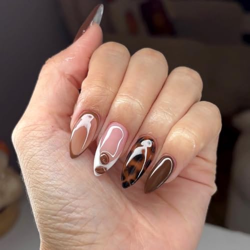 Fall Press On Nails - Medium Almond Brown Fake Nails, 24Pcs - color: Style-04