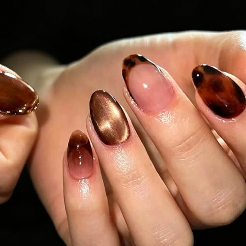 Short Oval Press on Nails for Women, Glossy Brown Fake Nails, 24Pcs - color: Color-28