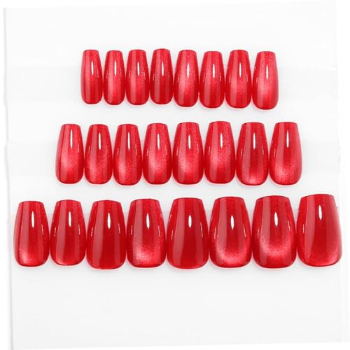 Red Medium Coffin Press On Nails, Cat Eye Press on Nails, Fashion Gel Fake Nails, Reusable Red Fake Nails, Glossy Stick on Nails for Women Girls, Glue on Nails Kit 32Pcs, Ballet Heatwave - color: C1-Ballet Heatwave