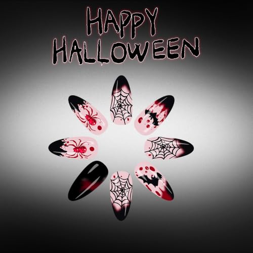 Halloween Press On Nails, Almond Spider Bat Web Design, Black Red - color: style 07
