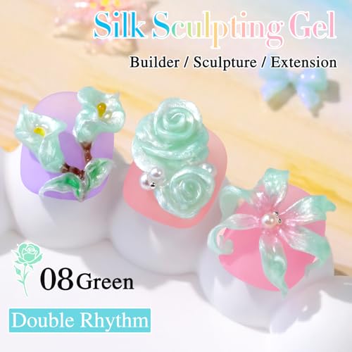 Double Rhythm 3D Nail Gel Pearl Solid Sculpting for Nail Art Non-Sticky Hard for Building Carving Molding Extension Soak Off UV/LED Nail Art Salon Home DIY 0.5 Oz (Green-Silk 08) - color: Green