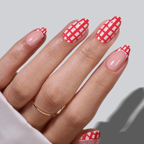 SHANGMENG Press on Nails, Almond Short Red Plaid Mixed French Tip Nails - color: Picnic Time