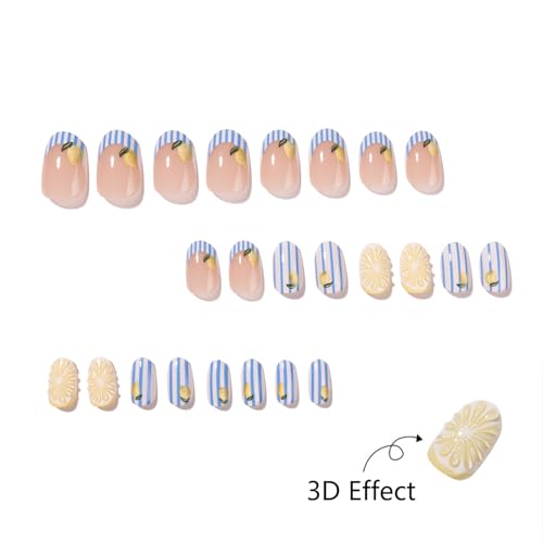 Short Oval Press On Nails Lemon Design, Blue White Stripe Fake Nails with 3D Lemon Slice, Summer Cute French Tip Stick On Nails Glossy Reusable Full Cover False Nails for Women Girls - color: Vertical striped chrysanthemum