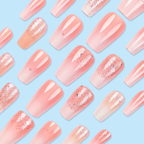 Coffin Press on Nails Short Fake Nails with Glitter Gradient Designs Pink Nails Press ons Cute Acrylic Nails Glossy Glue on Nails Daily Wear Simple False Nails Fall Stick on Nails for Women 24Pcs - color: Glitter Gradient Designs