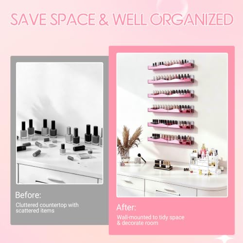 15" Nail Polish Wall Rack 6 Pack, Wall Mounted Organizer Holds 66+ Bottles - color: Rose Red-polished
