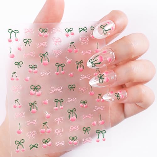 5 Sheets Cherry Nail Stickers 5D Embossed Rhinestone Cherry Bow - color: Cherry Bow