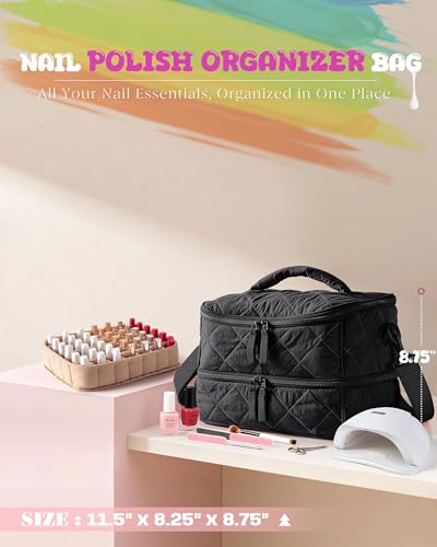 Marscamd Quilted Nail Polish Organizer Bag Holds 42 Bottles and Nail Lamp - color: Black
