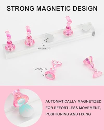 Nail Stand for Press Ons, Nail Holder for Painting Nails, Upgraded Solid Acrylic Magnetic Fake Nail Stands Tips, 3 Nail Holder with Double-sided Tape Practice Nail Art Tools - color: Pink+Clear