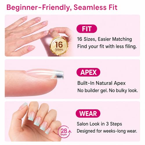 Beetles Tipex Lite Instant Apex Nail Tips, Short Square, 16 Sizes(00-14)