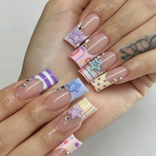 Coffin Press on Nails Long Pastel Plaid Fake Nails 24pcs - color: style-CL17