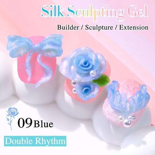 Double Rhythm 3D Nail Gel Pearl Solid Sculpting for Nail Art Non-Sticky Hard for Building Carving Molding Extension Soak Off UV/LED Salon Home DIY 0.5 Oz (Blue-Silk 09) - color: Blue