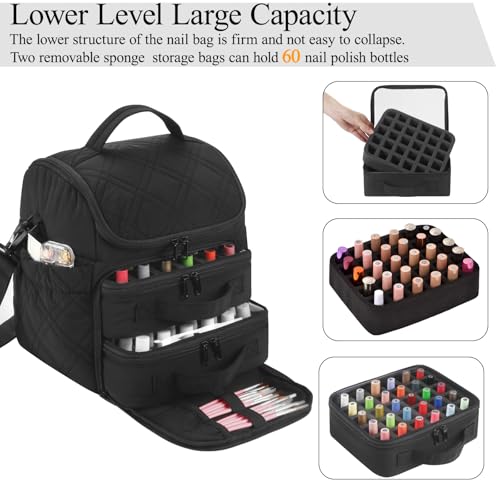 FCQQYWZ Nail Polish Organizer with 2 Detachable Cases Hold 60 Bottles & Nail Lamp, Portable Nail Organizers and Storage with Handle & Shoulder Strap, Travel Nail Bag for Manicure Tools - color: 60-Bottles-Black