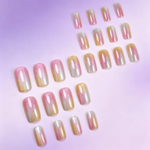 Press on Nails Rainbow Gradient Glitter Medium Square Fake Nails - color: Rainbow Shimmer