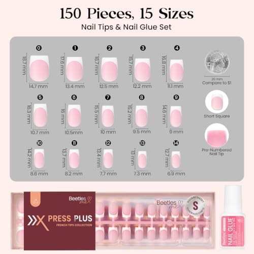 Beetles French Tip Press On Nails with Nail Glue, 150 Pcs Short Square - color: 1e - Tips & Glue - S