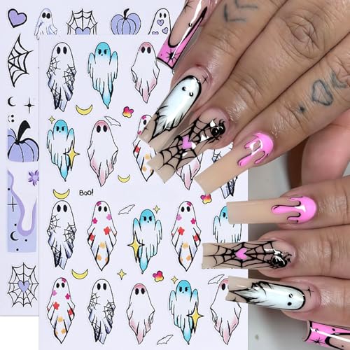 8Sheets Halloween Cute Heart Ghost Nail Stickers 3D Self-Adhesive Pumpkin Spider Web Nail Decals Pumpkin Bat Spider Web Black Cat Nails Design Star Nail Accessories for Women Holiday Manicure Decor - style: spider web