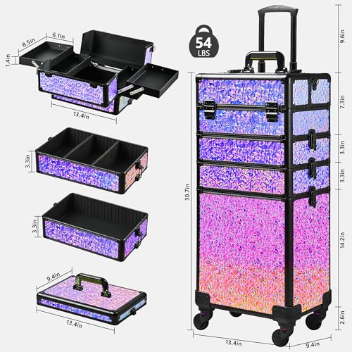 Rolling Makeup Case, Makeup Train Case with Lid, 5 in 1 Cosmetology Case on Wheels, Christmas Gift, Large Makeup Case Organizers, Profesional Cosmetic Case for Salon Barber,Black Colorful - color: Black Colorful