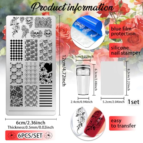 6 Sheets Nail Stamping Plate Skull Rose Nail Art Stamp - color: Skull Rose