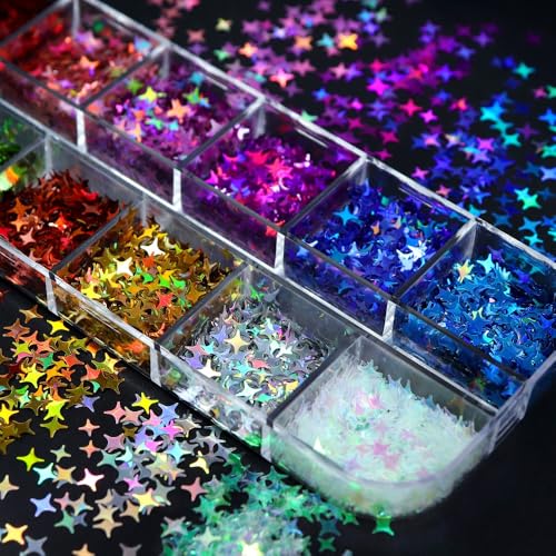 1 Box 12 Color Holographic Star Nail Glitter Silver Gold Nail Sequins 3D Colorful Nail Flakes Sparkly Glitter Flakes Shiny Nail Glitter Laser Nail Sequins Glitter for Nails Art 12 Grids - color: YHN28