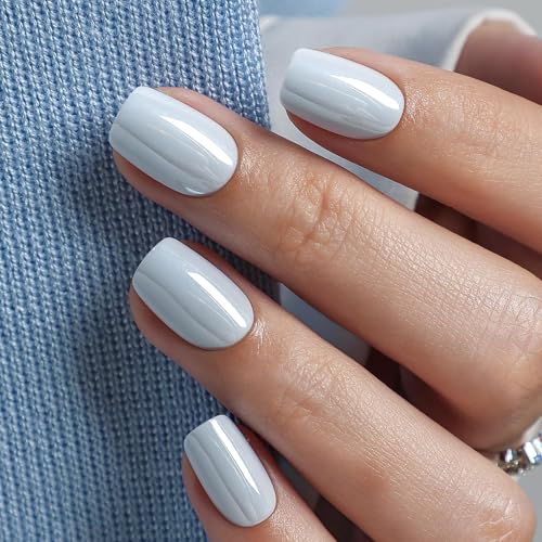 SHANGMENG Press on Nails, Square Short Blue Chrome Fake Nails, Soft Gel - color: Mercury Veil