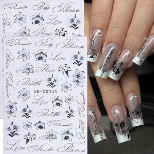 Gradient Lily Flower Nail Stickers with Gothic Letter Art Designs - color: Multicolor-07