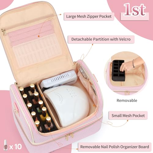 Nail Polish Organizer and Storage Box, Double Layer Pink-White Stripes Nail Supplies Holder for 45 Bottles & Lamp, Nail Kit Organizer, Nail Tech Travel Case & Tattoo Travel Container - color: Pink White Stripe, size: 45 Slots