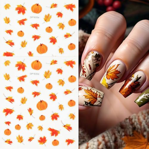 6 Sheets Autumn Nail Art Stickers Fall Maple Leaves Nail Stickers 3D Self-Adhesive Thanksgiving Pumpkin Pattern Nails Sticker Fall Glitter Leaf Nail Decals Holiday DIY Nails Manicure for Women - style: Pumpkin