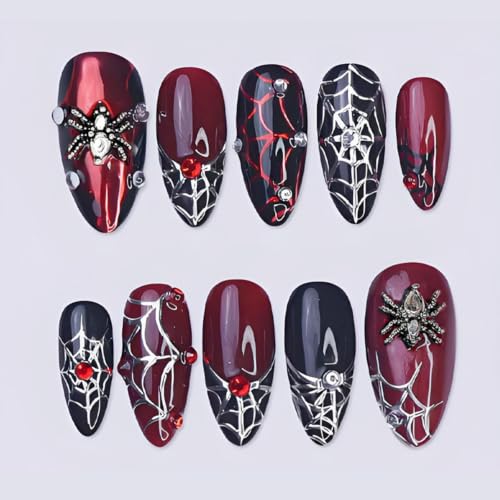 Halloween Press on Nails Medium Almond Gothic Dark Red Fake Nails with 3D Spider & Spider Web Rhinestone Design Spooky Full Cover Glue On Nails Goth Acrylic False Nail for Women Holiday Manicure 30Pcs - color: special Halloween-12