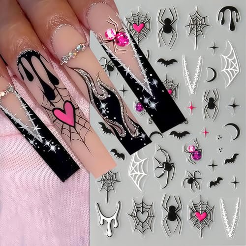 Halloween Nail Stickers for Nail Art 6 Sheets Self-Adhesive Spider Web Ghost Diamond Spider Bat Nail Art Stickers Halloween Spooky Decals Spiders Bat Sticker Holiday DIY Manicure Decoration for Women - style: Fall