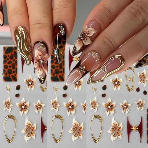 3 Sheets Brown Leopard Print Nail Stickers 5D Embossed Floral Nail Decals Exquisite Line Fall Brown Leopard Print Flower Nails Design Gold Stars Nails Supplies for Women Autumn Winter Manicure Decor - style: leopard flower
