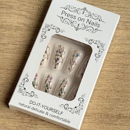 24Pcs Flower Press on Nail Long Coffin Fake Nails with designs 3D Floral Stick on Nail Glossy Milky White Press ones Full Cover Reusable Spring Glue on Nails Summer False Nails for Women - color: s37