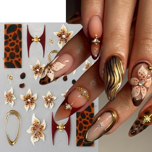 3 Sheets Brown Leopard Print Nail Stickers 5D Embossed Floral Nail Decals Exquisite Line Fall Brown Leopard Print Flower Nails Design Gold Stars Nails Supplies for Women Autumn Winter Manicure Decor - style: leopard flower