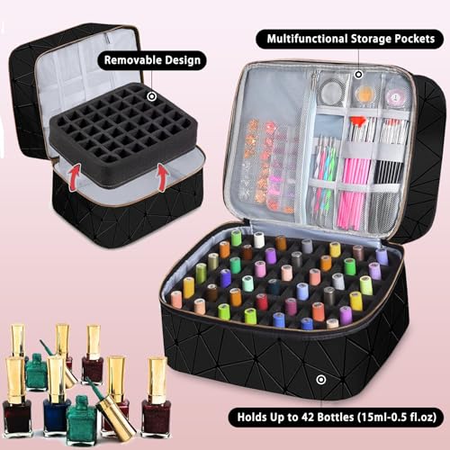 DHXYZZB Nail Polish Organizer and Storage-Holds 84 Bottles (15ml/0.5fl.Oz), Manicure Tools & UV Lamp, 3-Layer Detachable PU Leather Nail Kit Storage Bag, Large Nail Supplies Shoulder Bag (Black) - color: Black