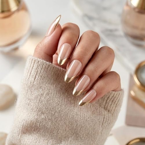 Gold French Tip Press on Nails Medium Almond Fake Nails Glossy Nude Base Glue on Nail Full Cover Artificial Nail for Women Party Wedding Daily Wear 24 Pcs - color: Gold
