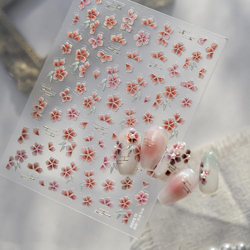 1 Sheet 5D Embossed Flower Nail Art Stickers Self-Adhesive Spring Summer Cherry Blossom Nail Decals Floral Nail Art Stickers Cherry Blossoms Nails Supplies Shiny Ombre Floral Nails Art Decoration - style: gradient peach blossom
