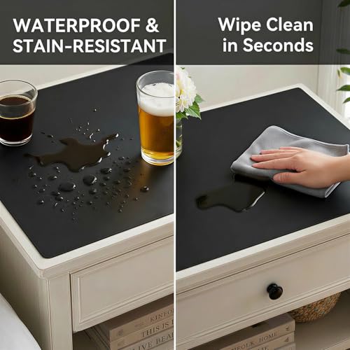 Leather Nightstand Mat for Bedside Table, Waterproof Vanity Desk and Nail Table Mat, Non-Slip Dresser Top Cover for Makeup, Perfume and Daily Essentials(Black, 17.7"*15.7") - color: Black, size: 17.7" x 15.7"