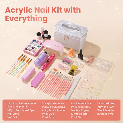Acrylic Nail Kit for Beginners with Everything in Storage Bag, Bling Sliver - color: Single Silver