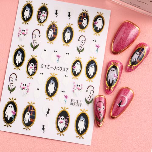 Halloween Ghost Nail Stickers, Pumpkin Bat Gold Frame Nail Decals, 6 Sheets - color: Multicolor-06