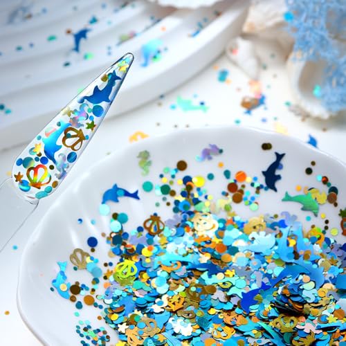 1 Bag Ocean Dolphin Nail Glitter Sequins, Holographic Blue Sea Shell Seahorse Starfish Nail Art Flakes, Laser Mixed Round Dot Confetti Nail Decorations for Acrylic UV Gel Manicure DIY Crafts - color: Blue