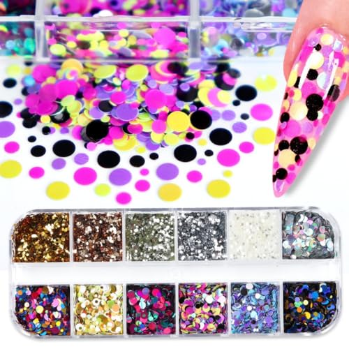 1 Box 12 Color Holographic Circle Nail Glitter Rings Nail Sequins 3D Silver Gold Nail Flakes Sparkly Glitter Flakes Shiny Nail Glitter Colorful Nail Sequins Glitter for Nails Art 12 Grids - color: Color 50