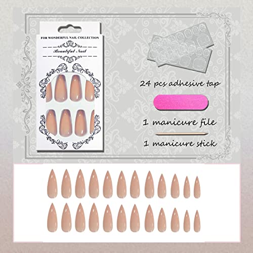 Nude Press on Nails Medium Long Almond Glossy Fake Nails for Women - color: 01-Nude Stiletto