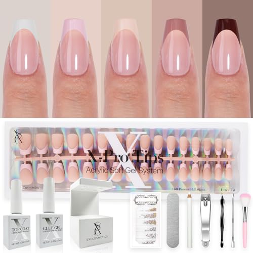 SXC Cosmetics French Tip Press On Nails - Skin Tone Nude and Color Series, Short Coffin X-Pro Tips Starter Kit ST119KIT - color: Skin Tone - S Coffin