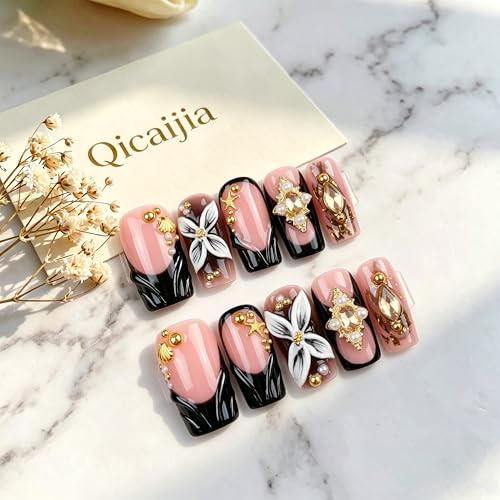 Medium Square Press on Nails, Handmade Black French Tip False Nails with 3D White Flower Rhinestone Design Acrylic Press On Nails Luxury Reusable Stick on Nail for Women 10Pcs (Size M) - color: style9