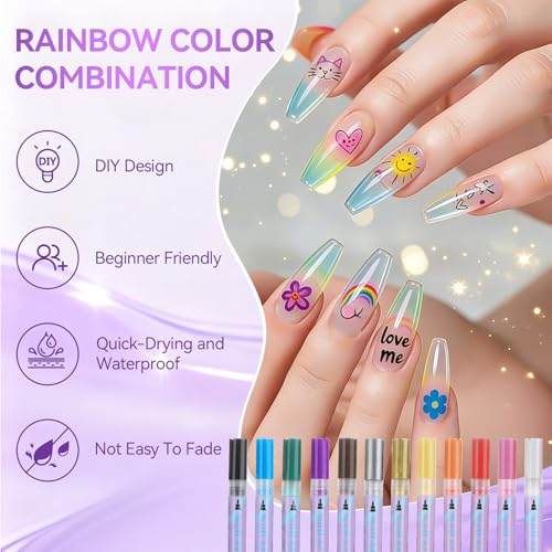 PFARRER 12 Colors Nail Art Pens Set, 0.5mm Fine Tip, Quick Dry - size: 12-piece set